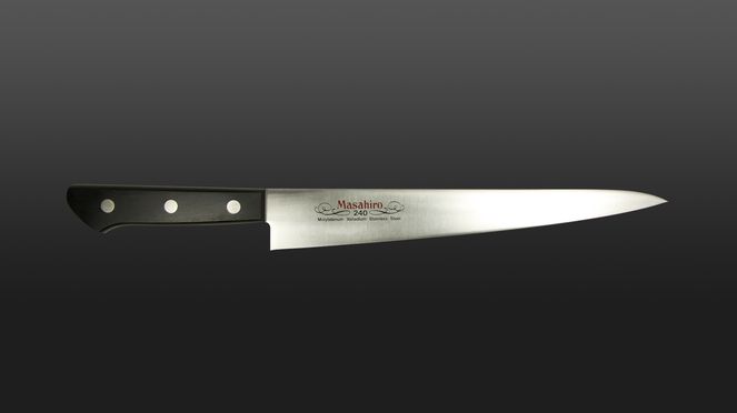 
                    The Masahiro carving knife has a finely grinded blade