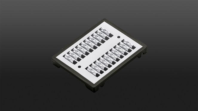 
                    Juliennehobel mit drei auswechselbaren Einsätzen: dieser ist für 2,5 x 2,5 mm Streifen