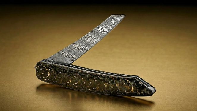 
                    Édition limitée du couteau de poche damas carbone/or de sknife avec des incrustations dorées dans le manche en carbone et une lame et un dos en acier damassé