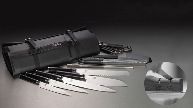 
                    Knife bag Shun with Kain Shun knives, sknife knife sharpener and kitchen utensils