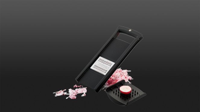 
                    Der Rahmen des Juliennehobels besteht aus hochwertigem Polypropylen mit 35 % pflanzlichem Faseranteil